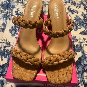 NWB Corkys Womens Hey Girl Braided Tan Wedge Sandals